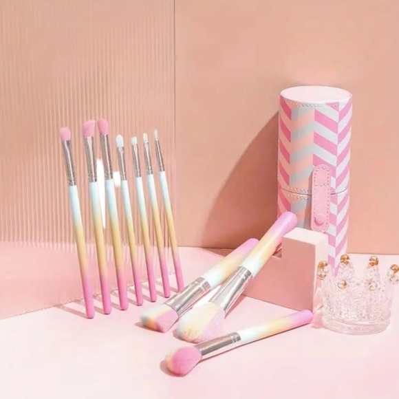 10 Piece High-Quality Gradient Colorful Makeup Brushes W/Vegan Leather Snap Case - Picture 5 of 14